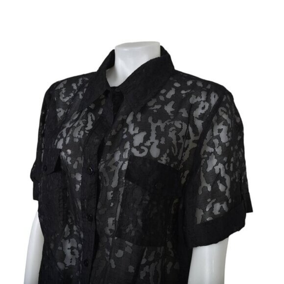 Anne Carson Linen Blend Sheer Blouse Short Sleeve Black Size 2X - Picture 2 of 8